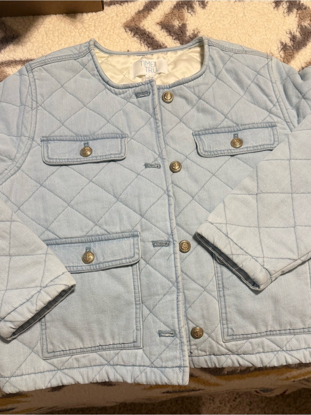 Time and Tru Pastel Quilted Denim Jacket with SIlver Buttons
